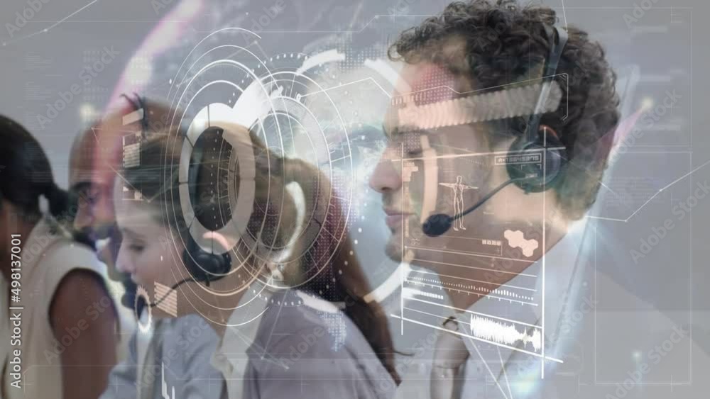 Poster animation of scope and data procesing over diverse business people using phone headsets