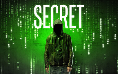 Faceless hacker with inscription concept