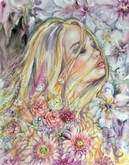 Watercolor beautiful young woman in flowers. Blooming girl. Design element. Template for designs, card, posters, wallpaper.