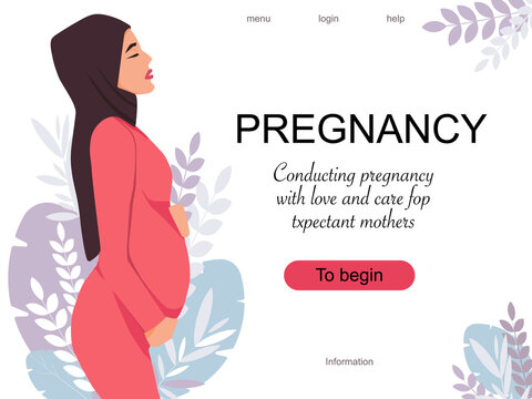 Pregnant Muslim woman. Website showcase design, banner, business card.
