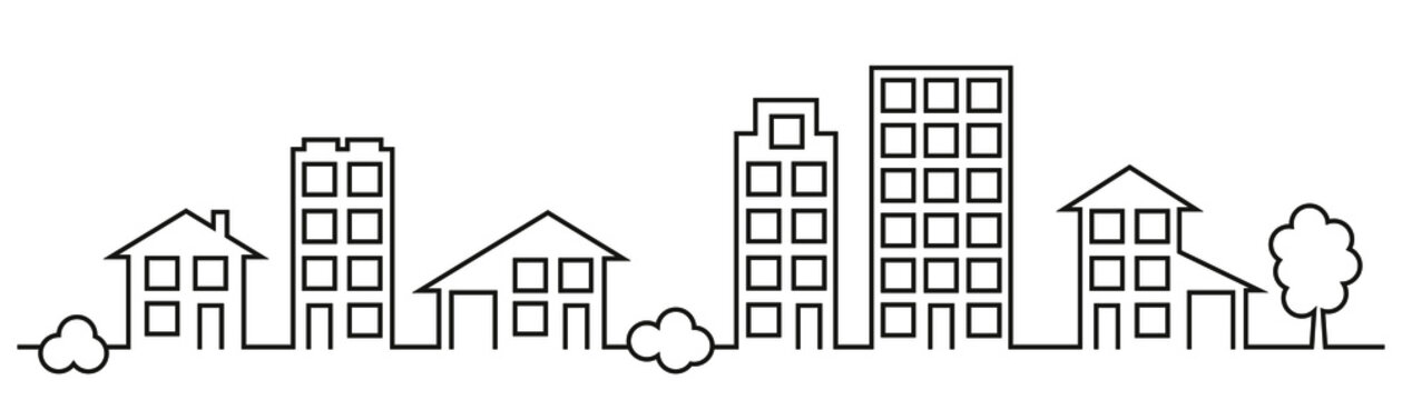 City street line art, town panorama vector illustration. Small and big houses, buildings with garage, city apartments, skyscrapers, trees and bushes. Urban panorama, city streen view. Cottage estate.