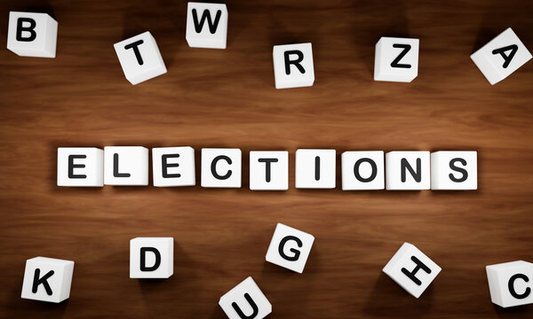 Elections. White dice with dark capital letters on a table. Politics and elections concepts. 3D illustration