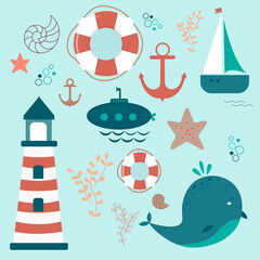 Nautical design elements: anchor, starfish, wheel, boat, fish, rope, bell, lifebuoy, lighthouse, flag, shell. Collection of sea elements.