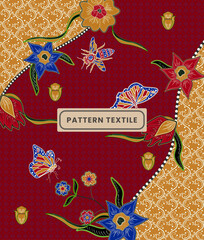 cloth textile pattern, Indonesian traditional Batik with red and yellow colors