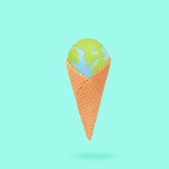 Ice cream cone with globe Earth inside. Trendy colorful environmental abstract idea with cone...