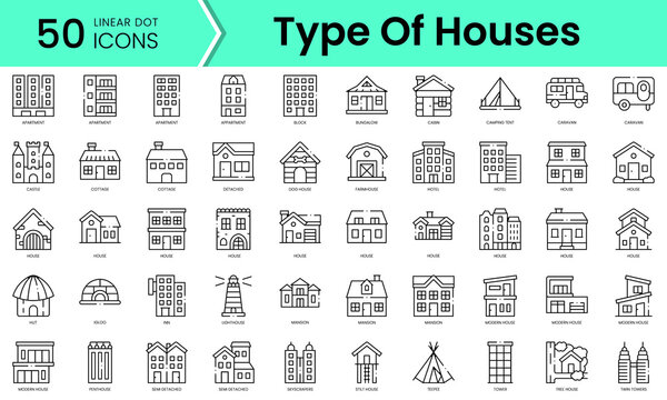 Set of type of houses icons. Line art style icons bundle. vector illustration