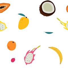 Tropical fruit pattern. Coconut, banana, orange. pitahaya yellow and pink.