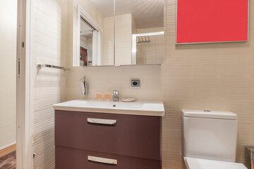 Fototapeta na wymiar Bathroom with brown wooden cabinet, white resin sink and cabinet with mirror above the sink