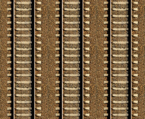 Seamless railroad Pattern, backdrop with space for text. Top view. Shiny iron rails and concrete sleepers, coupled with powerful bolts on stony ground, fortified rubble overgrown with weeds green