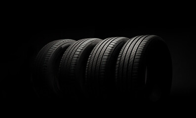 New car tires. Group of road wheels on dark background. Summer Tires with asymmetric tread design. Driving car concept. - 498140635