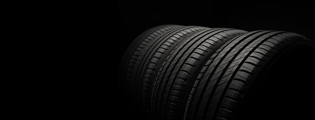 New car tires. Group of road wheels on dark background. Summer Tires with asymmetric tread design....