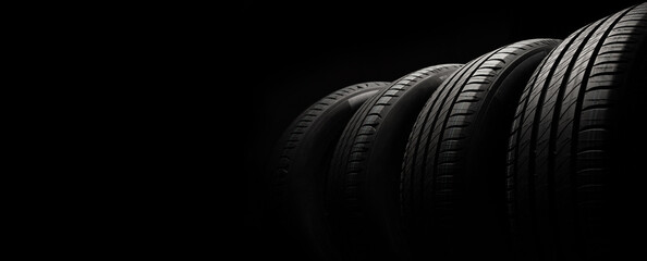 New car tires. Group of road wheels on dark background. Summer Tires with asymmetric tread design. Driving car concept. - 498140647
