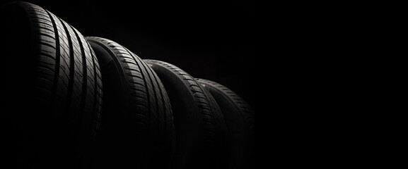 New car tires. Group of road wheels on dark background. Summer Tires with asymmetric tread design....