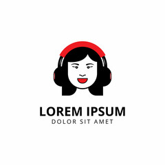 Young girl with headphones. Musical theme vector illustration, logo and icons