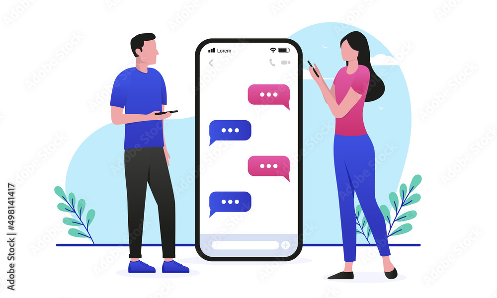 Aufkleber people text message - man and woman sending texts on phone. flat design vector illustration with whi