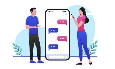 People text message - Man and woman sending texts on phone. Flat design vector illustration with white background