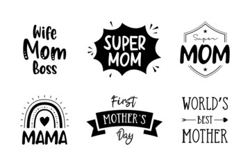 Mother's Day collection. Mom life quotes set, typography design for t-shirt, card, mug or poster. Vector illustration isolated on white.