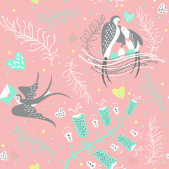 Seamless pattern with birds, hearts and flowers. Swallow family and eggs in the nest and floral elements. Cute Birthday background, spring decor elements in vector