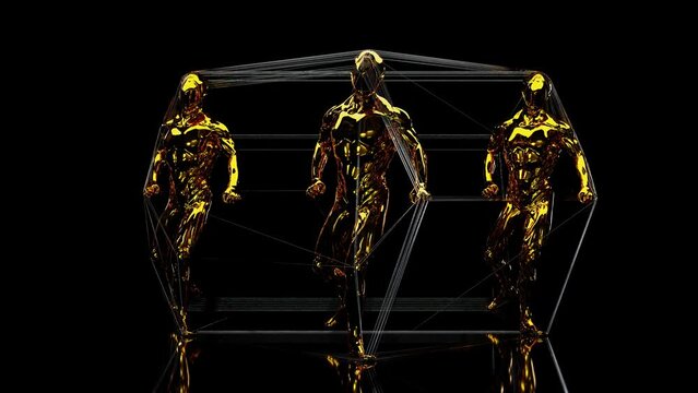 Golden three characters dancing Hip Hop, running man dance, loop animation, 3d render