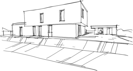 hand drawn architectural sketches of modern one story detached house with garden  and garden house