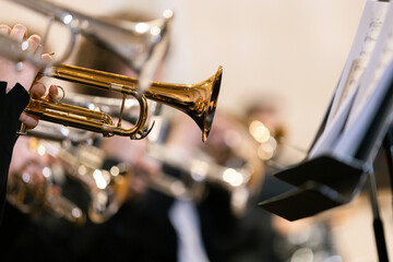 Bells of multiple trumpets during a concert - obrazy, fototapety, plakaty
