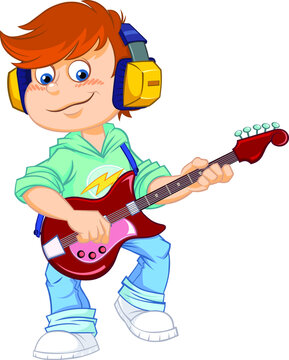 Boy playing guitar.
Color vector illustration of a cartoon boy holding and playing guitar.