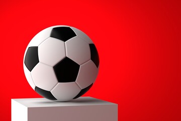 Soccer ball on a white pedestal on a red background. Football competition, championship concept. Place for text.