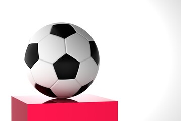 Naklejka premium Soccer ball on a red pedestal on a white background. Football competition, championship concept. Place for text.
