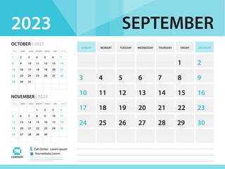 Calendar 2023 template, September 2023 year, Desk Calendar 2023 template, Week Start On Sunday, Wall calendar design, Planner layout, Stationery, Poster, printing media, Blue background vector