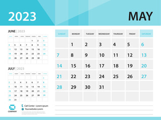 Calendar 2023 template, May 2023 year, Desk Calendar 2023 template, Week Start On Sunday, Wall calendar design, Planner layout, Stationery, Poster, printing media, Blue background vector