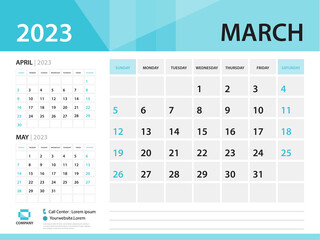Calendar 2023 template, March 2023 year, Desk Calendar 2023 template, Week Start On Sunday, Wall calendar design, Planner layout, Stationery, Poster, printing media, Blue background vector
