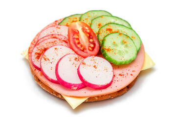 Crispy Cracker Sandwich with Fresh Cucumber, Cheese, Sausage, Radish and Tomato - Isolated on White. Quick and Healthy Sandwiches. Crispbread with Tasty Filling. Healthy Dietary Snack - Isolation
