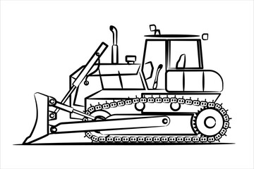A hand drawn line of bulldozer for paving the road, commercial vehicle. Heavy backhoe construction machines equipment concept. Earth mover, bulldozer. Crawler bulldozer line icon. 