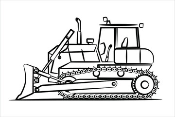 A hand drawn line of bulldozer for paving the road, commercial vehicle. Heavy backhoe construction machines equipment concept. Earth mover, bulldozer. Crawler bulldozer line icon. Vector eps 10 - obrazy, fototapety, plakaty