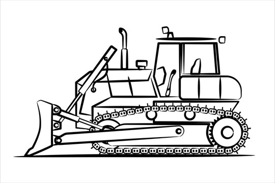 recommend clip art: A hand drawn line of bulldozer for paving the road, commercial vehicle. Heavy backhoe construction machines equipment concept. Earth mover, bulldozer. Crawler bulldozer line icon. 