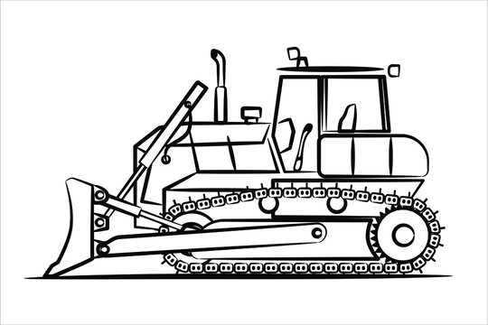 A Hand Drawn Line Of Bulldozer For Paving The Road, Commercial Vehicle. Heavy Backhoe Construction Machines Equipment Concept. Earth Mover, Bulldozer. Crawler Bulldozer Line Icon. Vector Eps 10