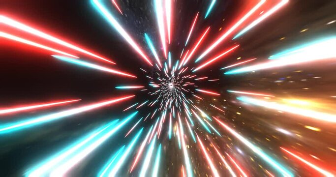 Virtual space tunnel hyperjump background. Futuristic neon acceleration with 3d render of warp jump beams. Fast travel through galaxy wormhole along star corridor