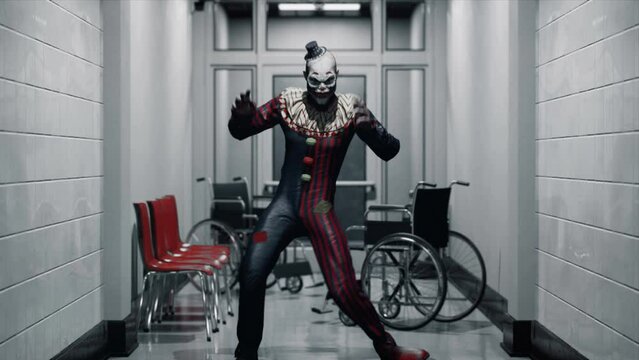 A creepy jester dances in a deserted hospital corridor. A clown dancing in a hospital. The concept of a creepy, nightmarish jester. The animation is perfect for scary and apocalyptic backgrounds.