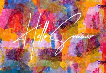 hello summer quote hand drawn lettering quote on the colorful background. Fun calligraphic ink inscription ,travel