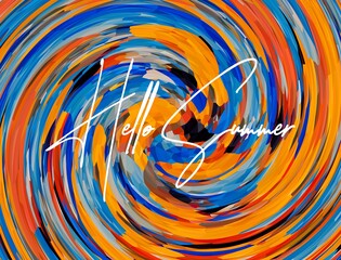 hello summer quote hand drawn lettering quote on the colorful background. Fun calligraphic ink inscription ,travel