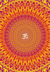 Mandala with aum, om, ohm symbol in center. Spiritual symbol. Vector graphics