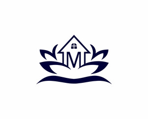Real Estate Lotus and letter M logo design template. Creative simple  Lotus Flower with house sign illustration.