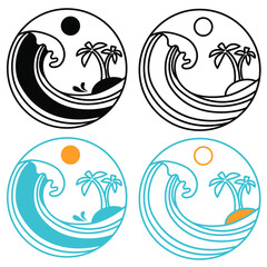 Palm trees and ocean waves island vector silhouette illustration isolated on white. Travel summer printable design for tshirt, mug