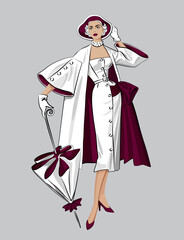 fashionable woman in white clothes with hat and umbrella