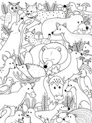 Cute coloring page for kids with cartoon animals. Cartoon big coloring poster in doodle style.