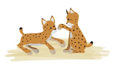 Cute lynx pups playing on a white background in cartoon childish style. Vector illustration with cute forest animals for kids.