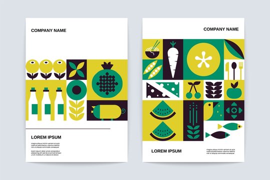 Geometric food banner set. Abstract green fruit vegetable pattern, organic bauhaus posters. Vector template for branding