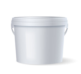 White glossy plastic bucket with lid and handle for food products, paint, household stuff - obrazy, fototapety, plakaty