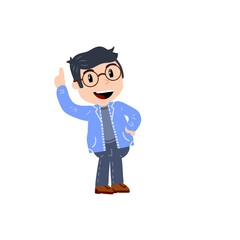 Little boy with glasses. Happy smart child points his finger at top. Cute Character in blue clothes. Flat cartoon