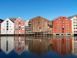 Traditional houses beside the River Nidelva in Trondheim, Norway